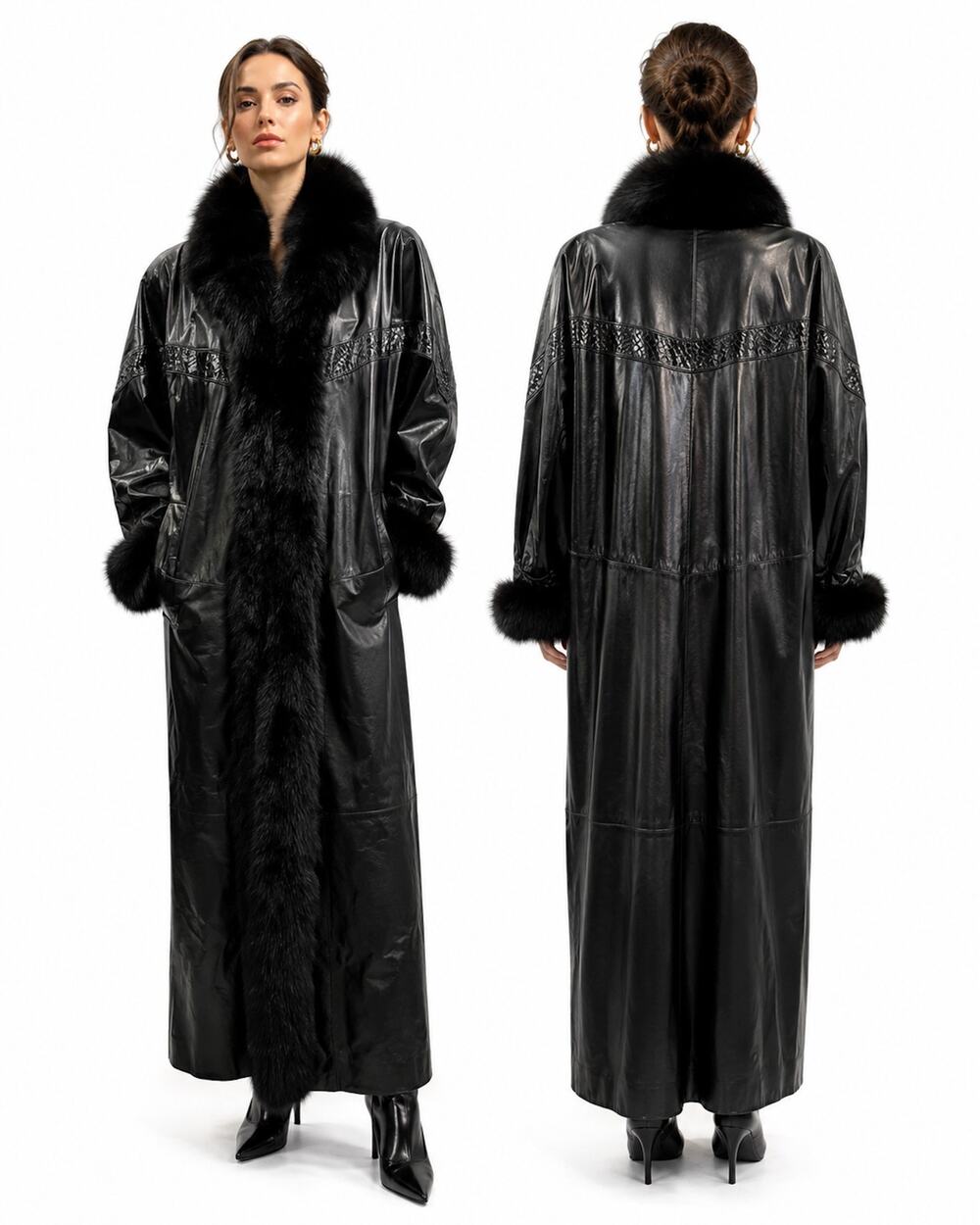 Vintage 80s Leather & Real Fox Fur Full Length Coat with Genuine Snakeskin Trim